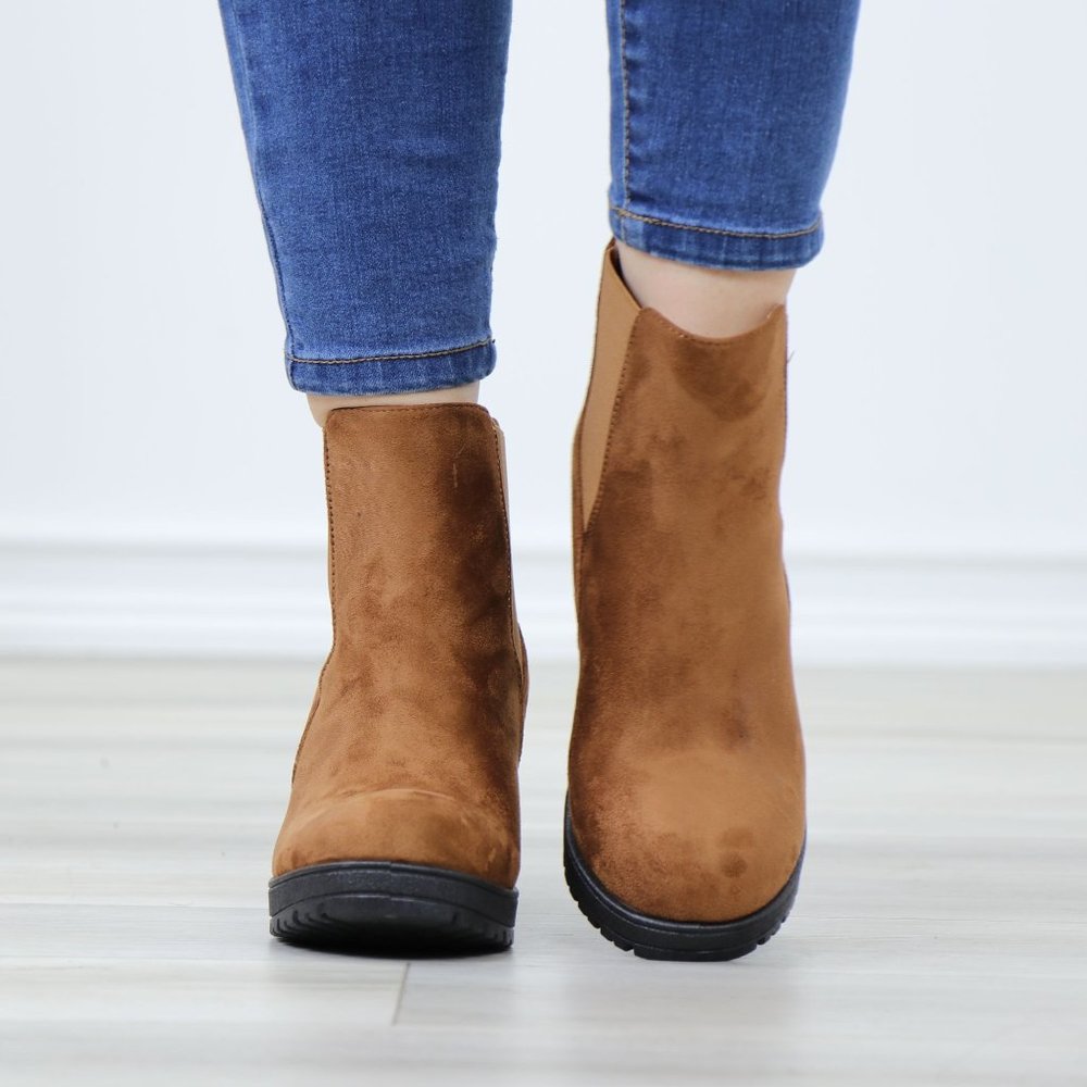 Chelsea Chunky Block High Heel Above Ankle Boots Brown Synthetic Suede - Picture 9 of 12